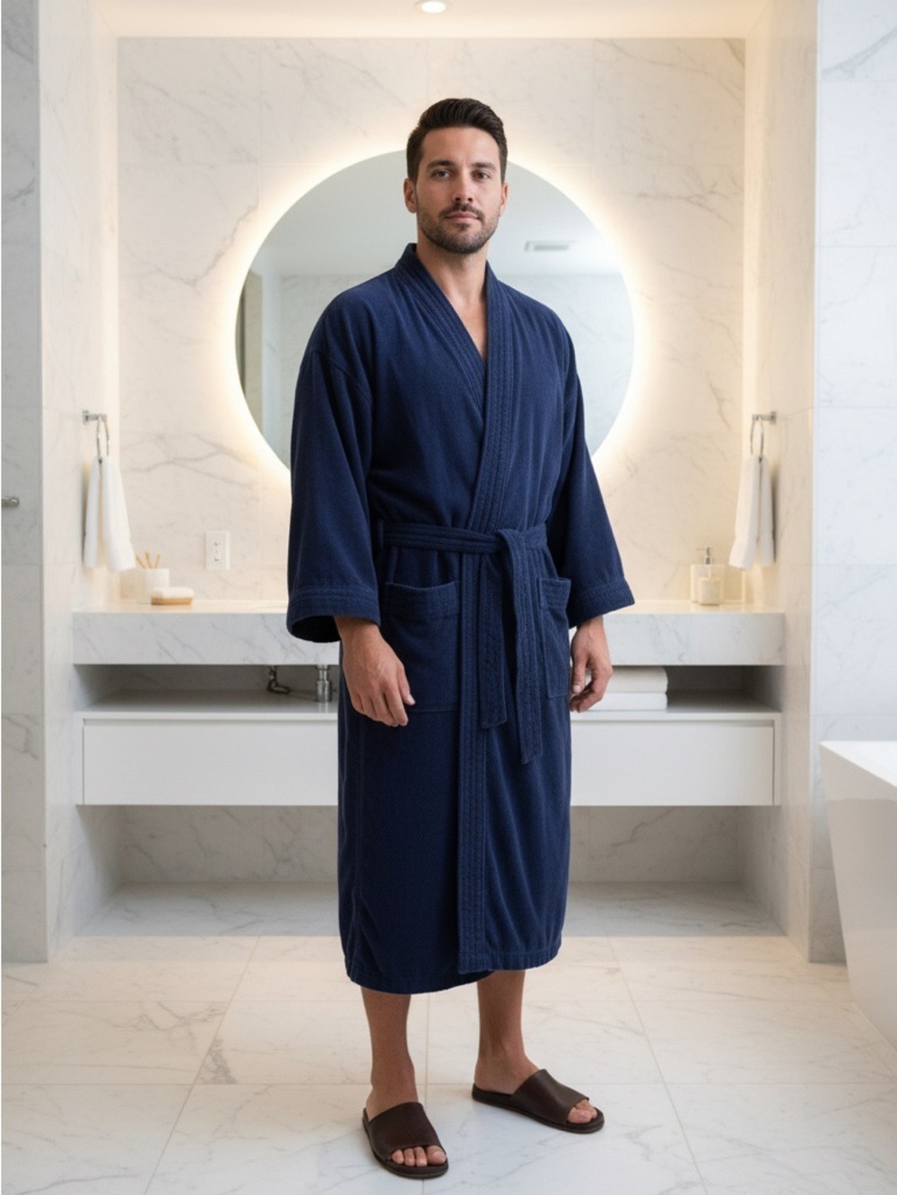 Manchester Collection Navy Blue Terry Cloth Robe Plush Spa Kimono Style OSFM